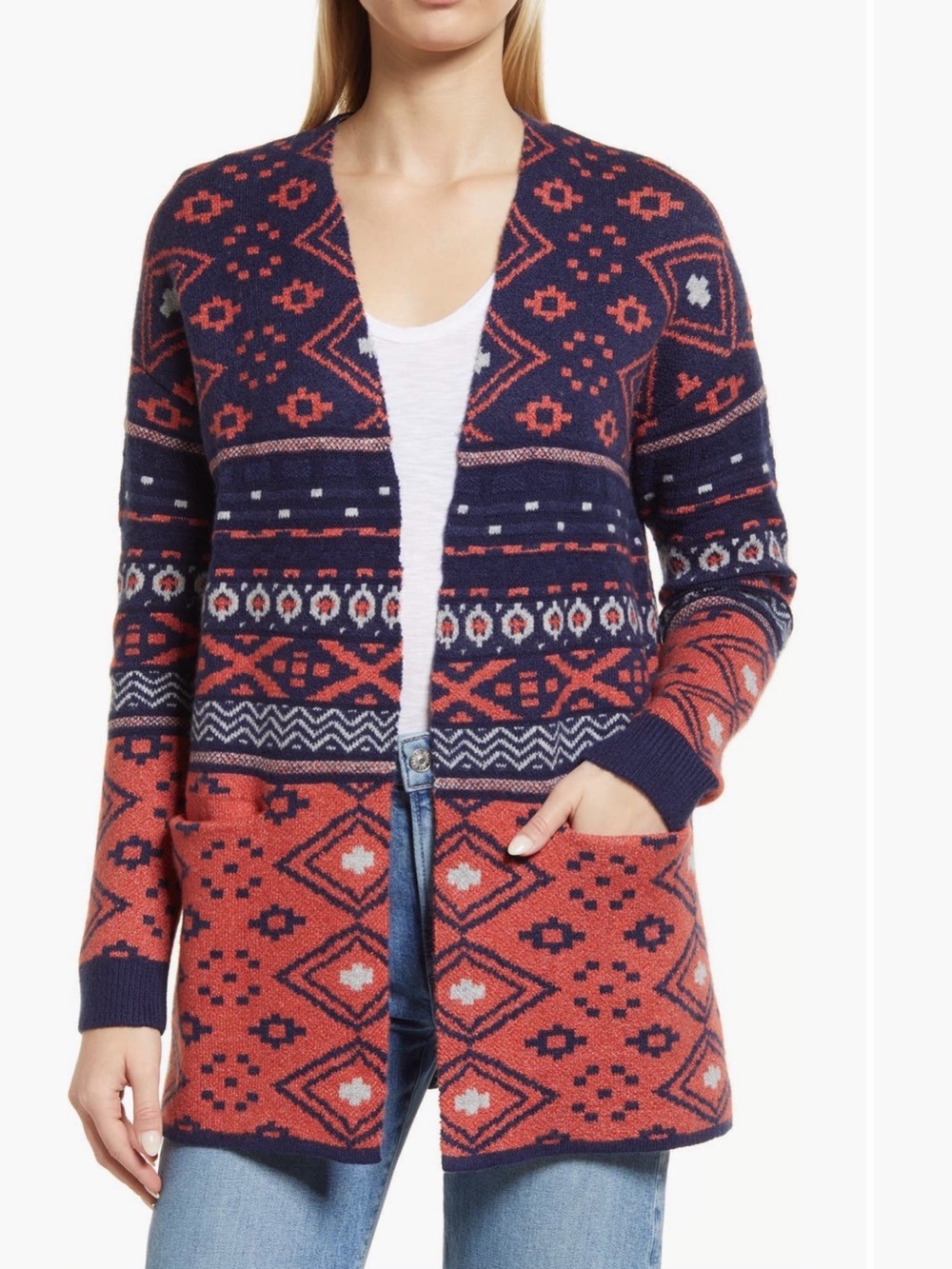 Caslon Jacquard Organic Open-Front southwestern Cardigan